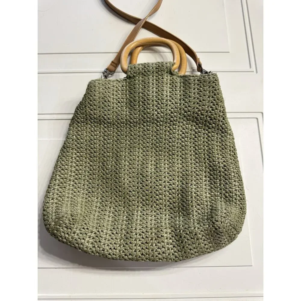 Fossil Green Weave Crochet Wooden Handles Hobo Bag Purse Woven Crossbody Strap
